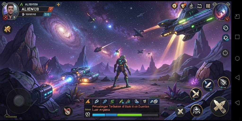 Screenshot gameplay <strong>ALIEN138</strong> menunjukkan petualangan luar angkasa yang mendebarkan.