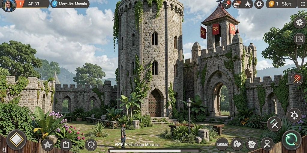 Screenshot menunjukkan gameplay menegangkan dan menara pertahanan yang strategis.