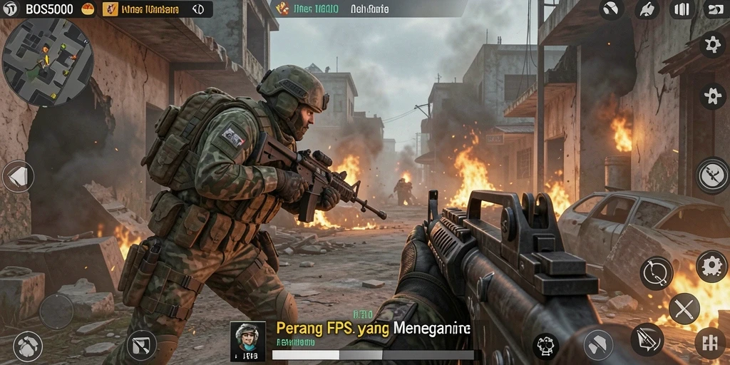 Gameplay menegangkan dalam BOS5000 dengan aksi FPS yang cepat.