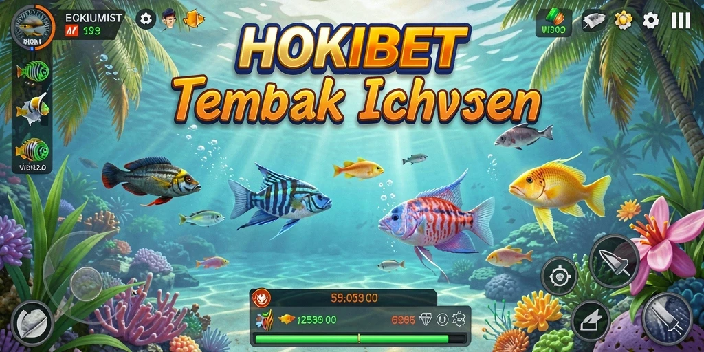 Tampilan gameplay HOKIBET saat menembak ikan yang berwarna-warni.
