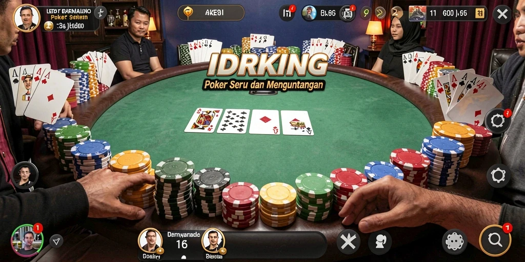 Tampilan gameplay IDRKING dengan suasana permainan Poker yang menegangkan.