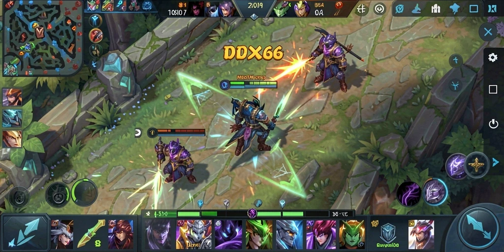 Screenshot gameplay IDX66 menampilkan pertempuran sengit dalam permainan MOBA.