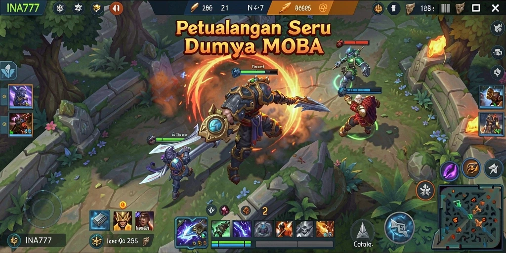 Screenshot gameplay seru dari INA777 dalam pertempuran MOBA.