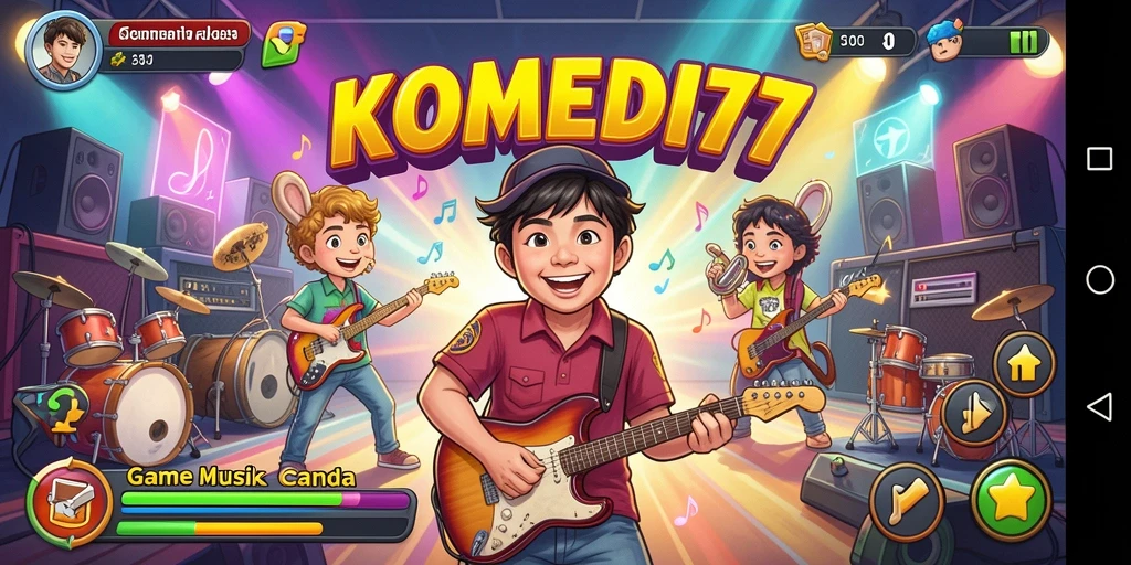 Tampilan menarik dari gameplay KOMEDI77 dengan elemen musik dan komedi.