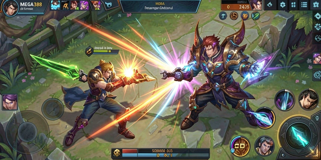 Screenshot utama MEGA388 menunjukkan aksi seru di gameplay MOBA.