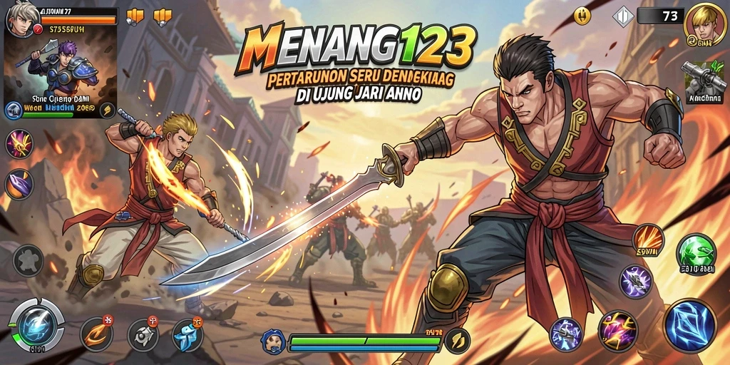 Tangkapan layar utama MENANG123 menampilkan duel pertarungan yang intens dan strategis.