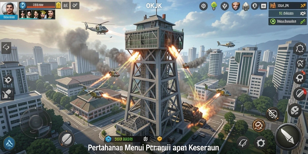 Screenshot OKJK menunjukkan aksi intens dalam strategi Tower Defense.