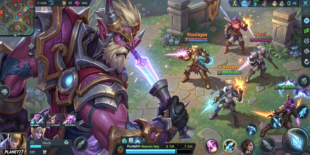 Gameplay seru di PLANET77, pertarungan MOBA yang mendebarkan.