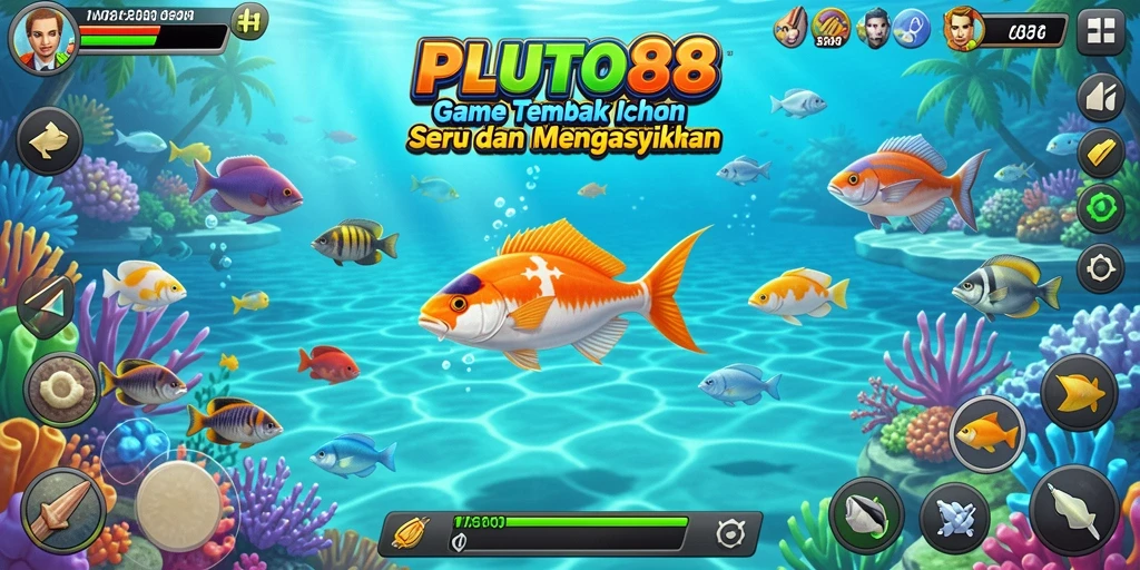 Tangkapan layar dari gameplay seru PLUTO88 yang menampilkan aksi tembak ikan.