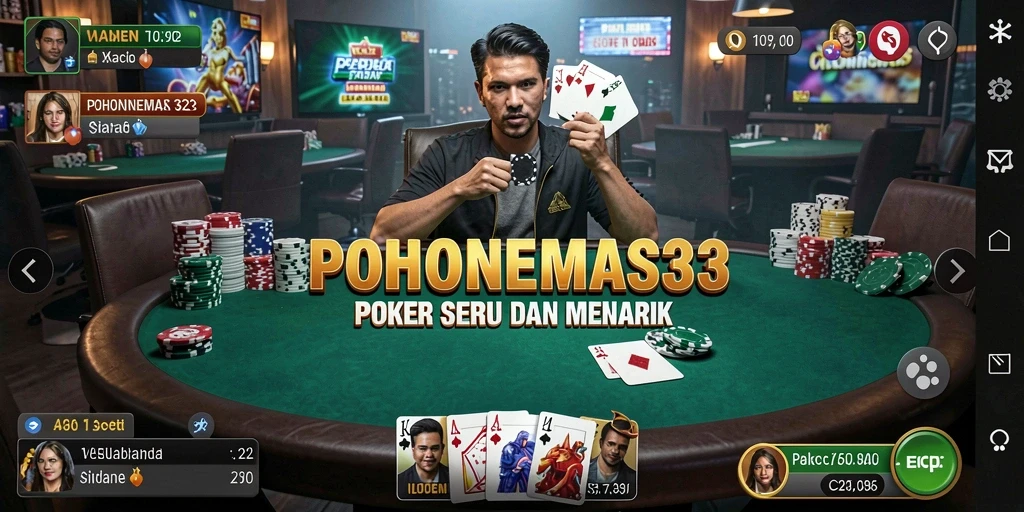 Tampilan gameplay seru di POHONEMAS33, menampilkan aksi poker yang mendebarkan.