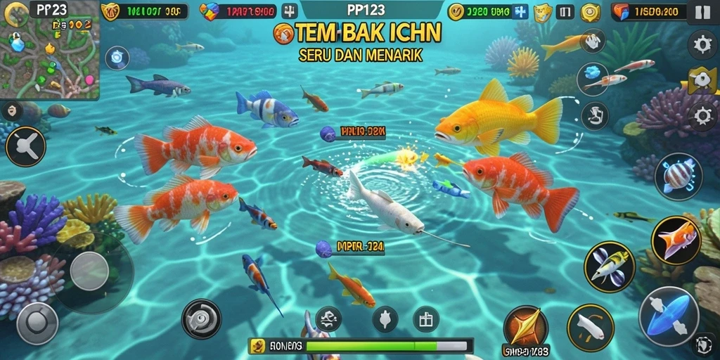 Tangkapan layar gameplay PP123 yang menampilkan aksi menembak ikan.