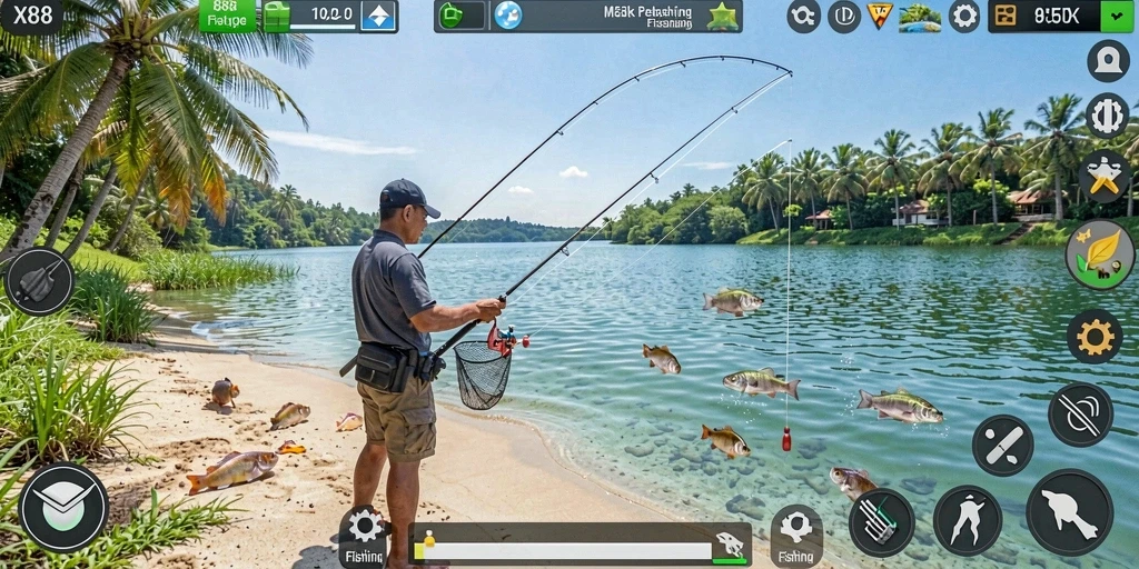 Screenshot X88 menampilkan gameplay memancing yang realistis dan mendebarkan.